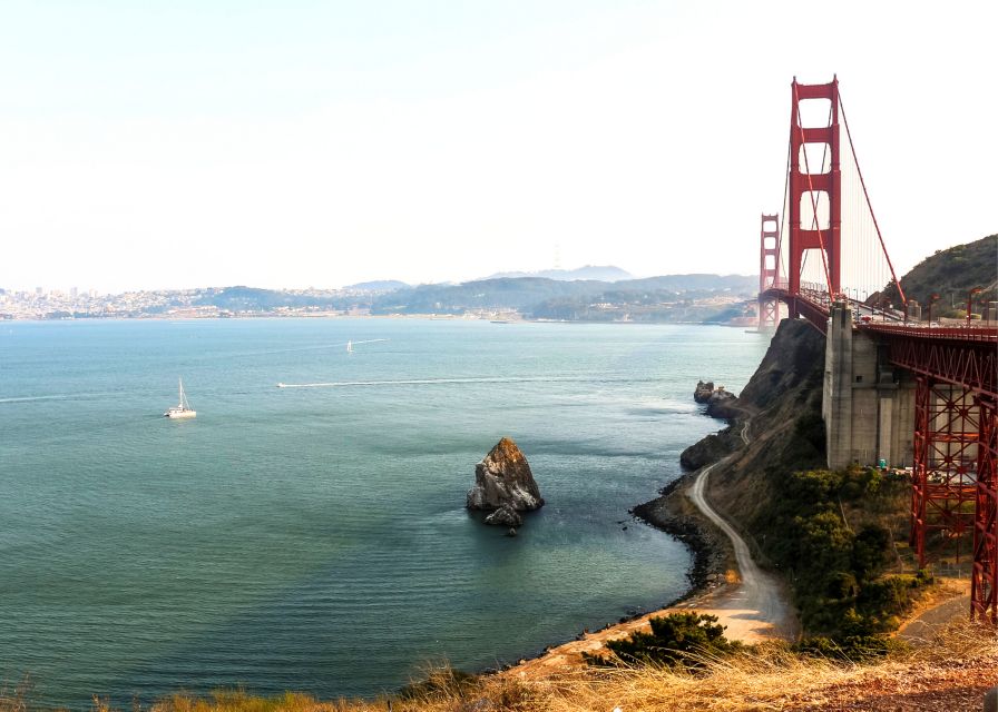 The Golden Gate Bridge from the Marin headlands with the bay behind it